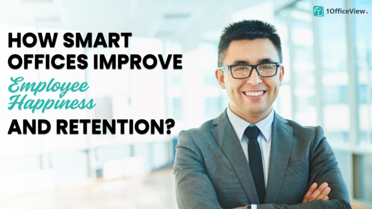 Employees working happily in a workplace powered by smart office technology.